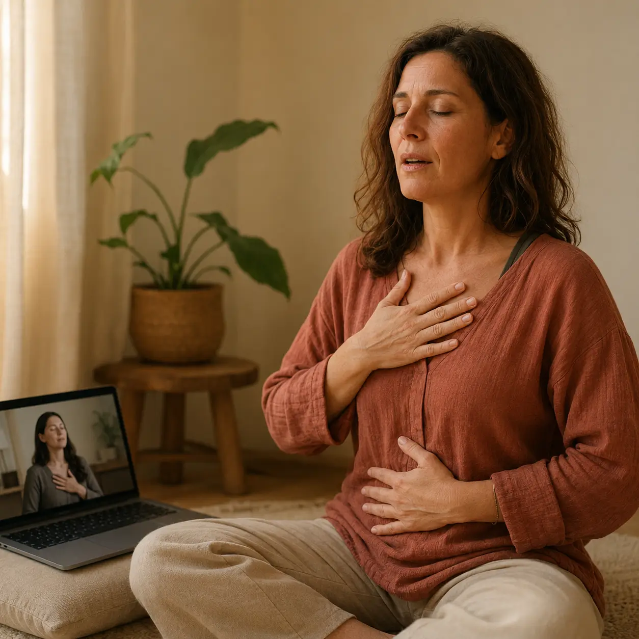 Femme pratiquant le breathwork et l’écoute corporelle devant son ordinateur